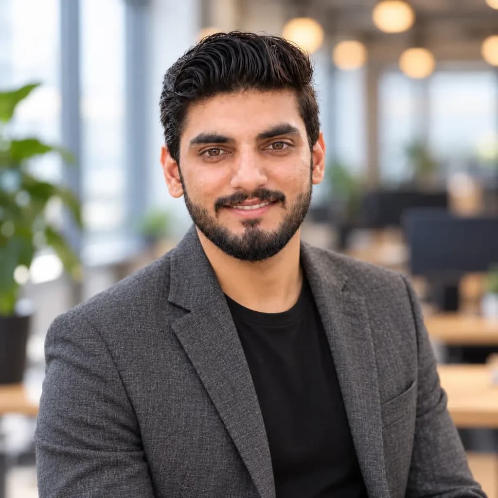 LinkedIn Headshot Prompt: Charcoal Blazer, Modern Office