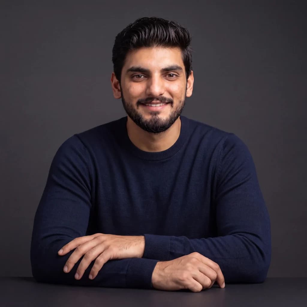 Approachable LinkedIn Headshot Prompt: Navy Sweater, Charcoal Studio