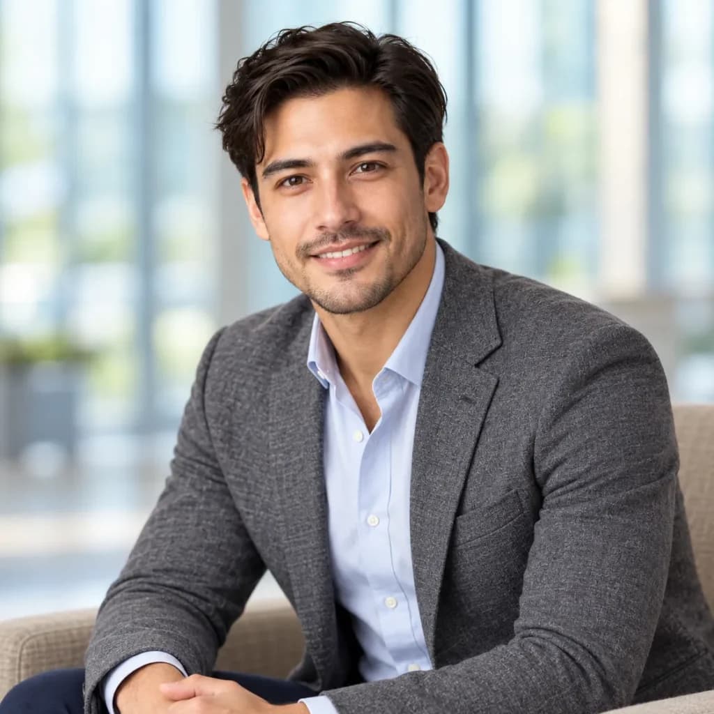 LinkedIn Business Portrait Prompt: Seated Gray Blazer Look